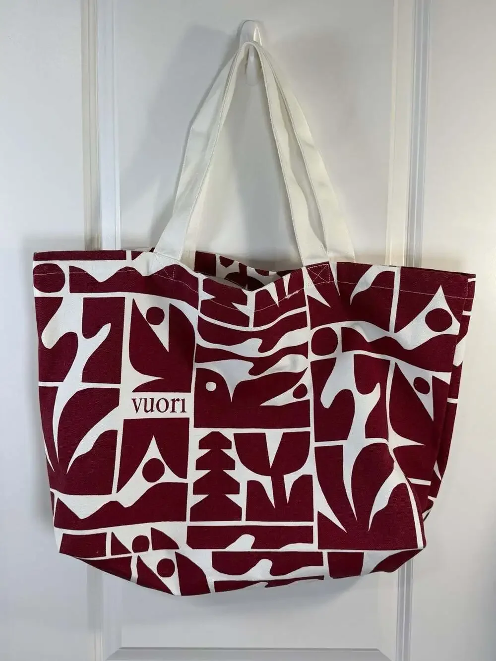 Vuori Canvas Tote Bag and Matching Zipper Pouch Set Burgundy White Geo Print